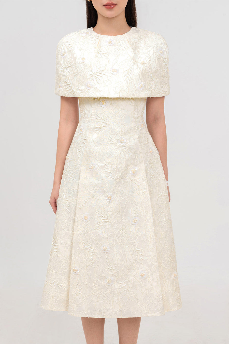 Sophia A-line Cape Shoulder Jacquard Calf Length Dress Midi Dress IVY moda