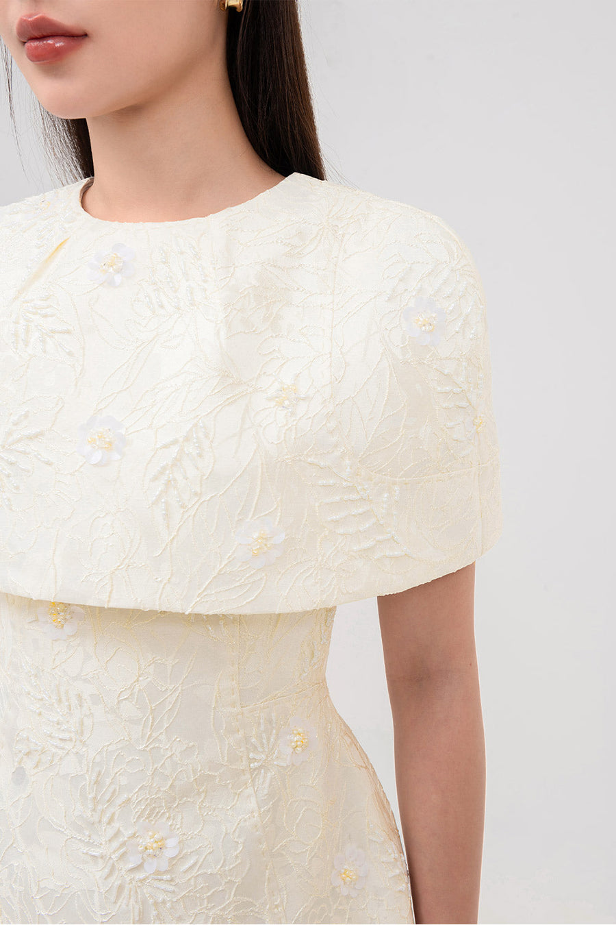 Sophia A-line Cape Shoulder Jacquard Calf Length Dress Midi Dress IVY moda