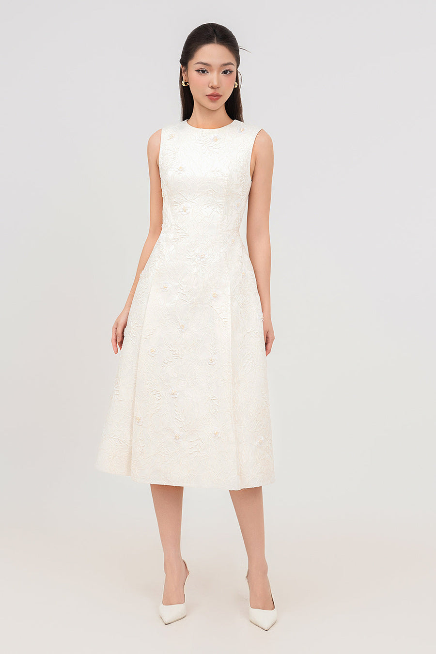 Sophia A-line Cape Shoulder Jacquard Calf Length Dress Midi Dress IVY moda