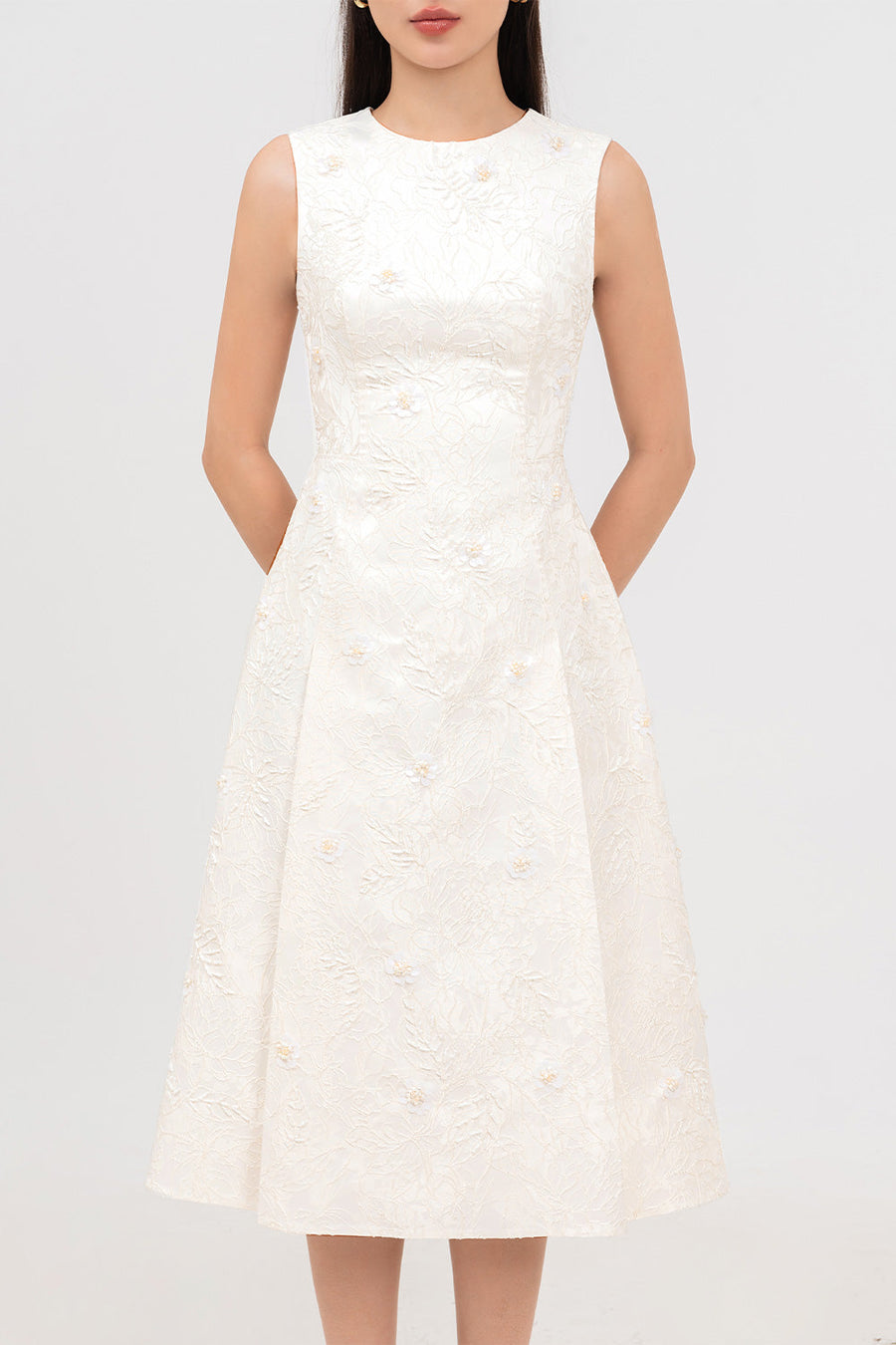 Sophia A-line Cape Shoulder Jacquard Calf Length Dress Midi Dress IVY moda