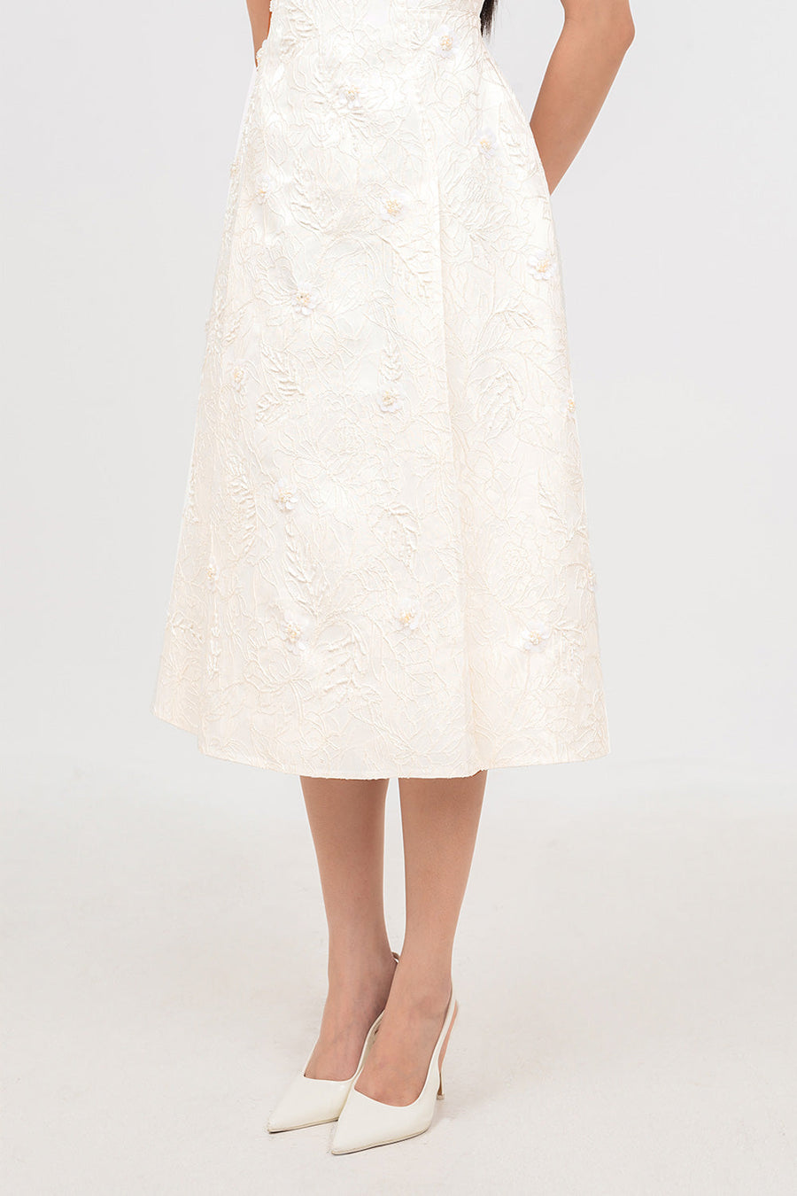 Sophia A-line Cape Shoulder Jacquard Calf Length Dress Midi Dress IVY moda