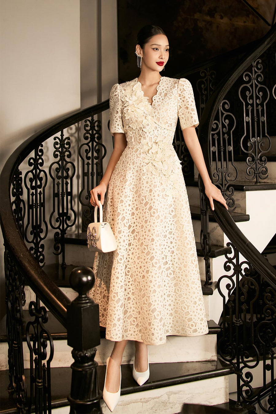 Bethany A-line V-Neck Lace Midi Dress Midi Dress IVY moda