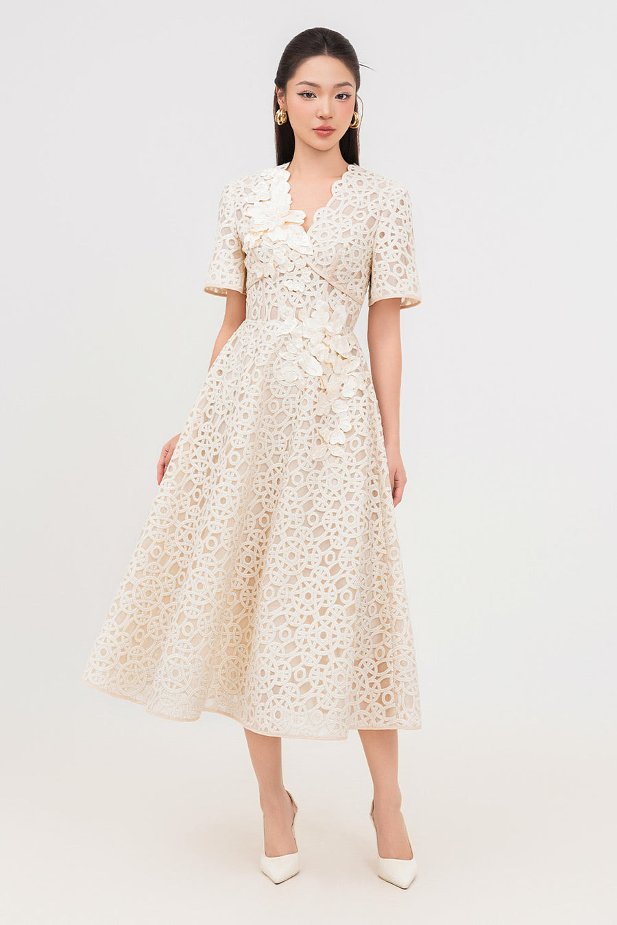 Bethany A-line V-Neck Lace Midi Dress Midi Dress IVY moda