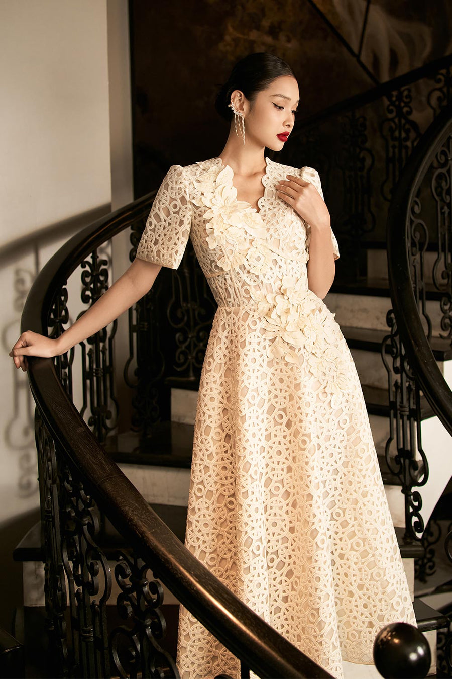 Bethany A-line V-Neck Lace Midi Dress Midi Dress IVY moda