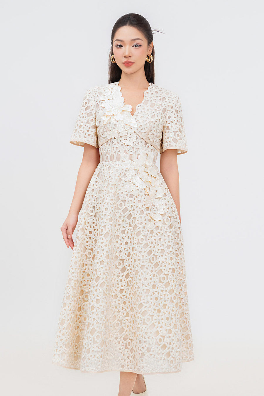 Bethany A-line V-Neck Lace Midi Dress Midi Dress IVY moda