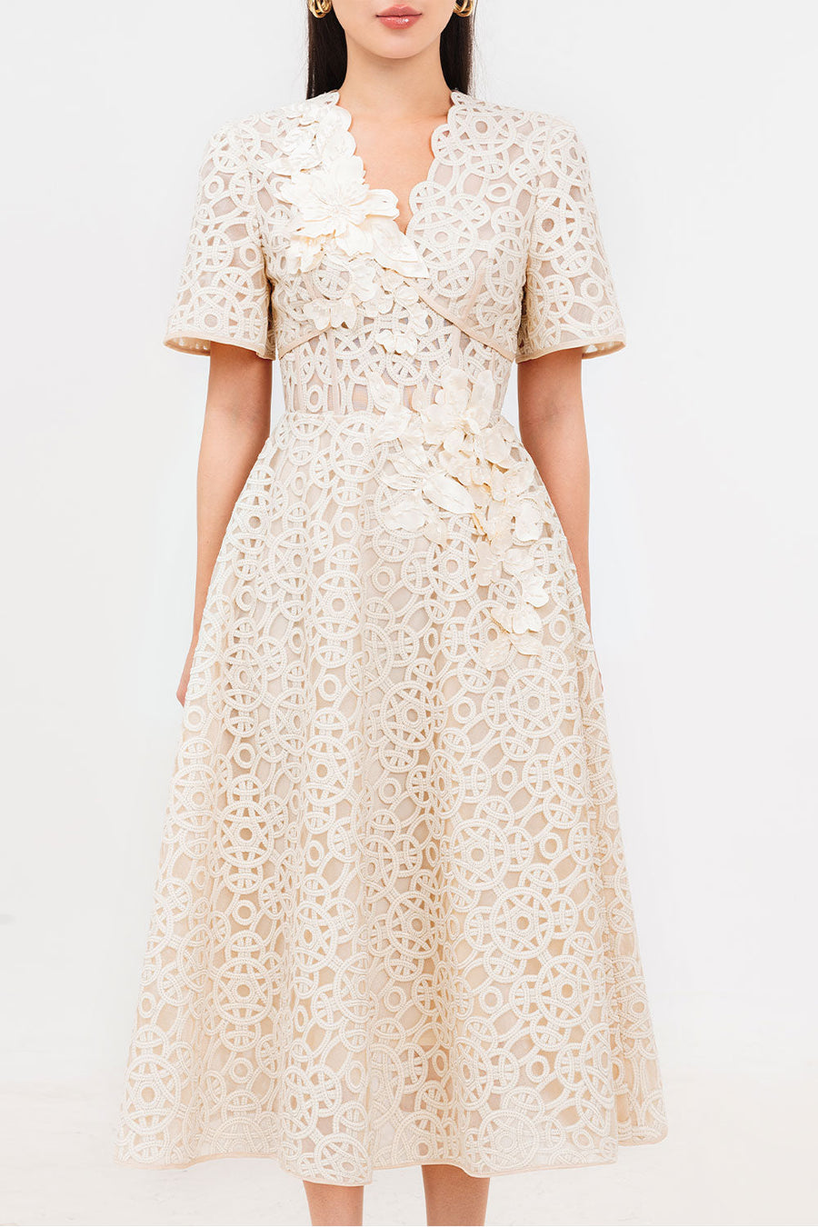 Bethany A-line V-Neck Lace Midi Dress Midi Dress IVY moda