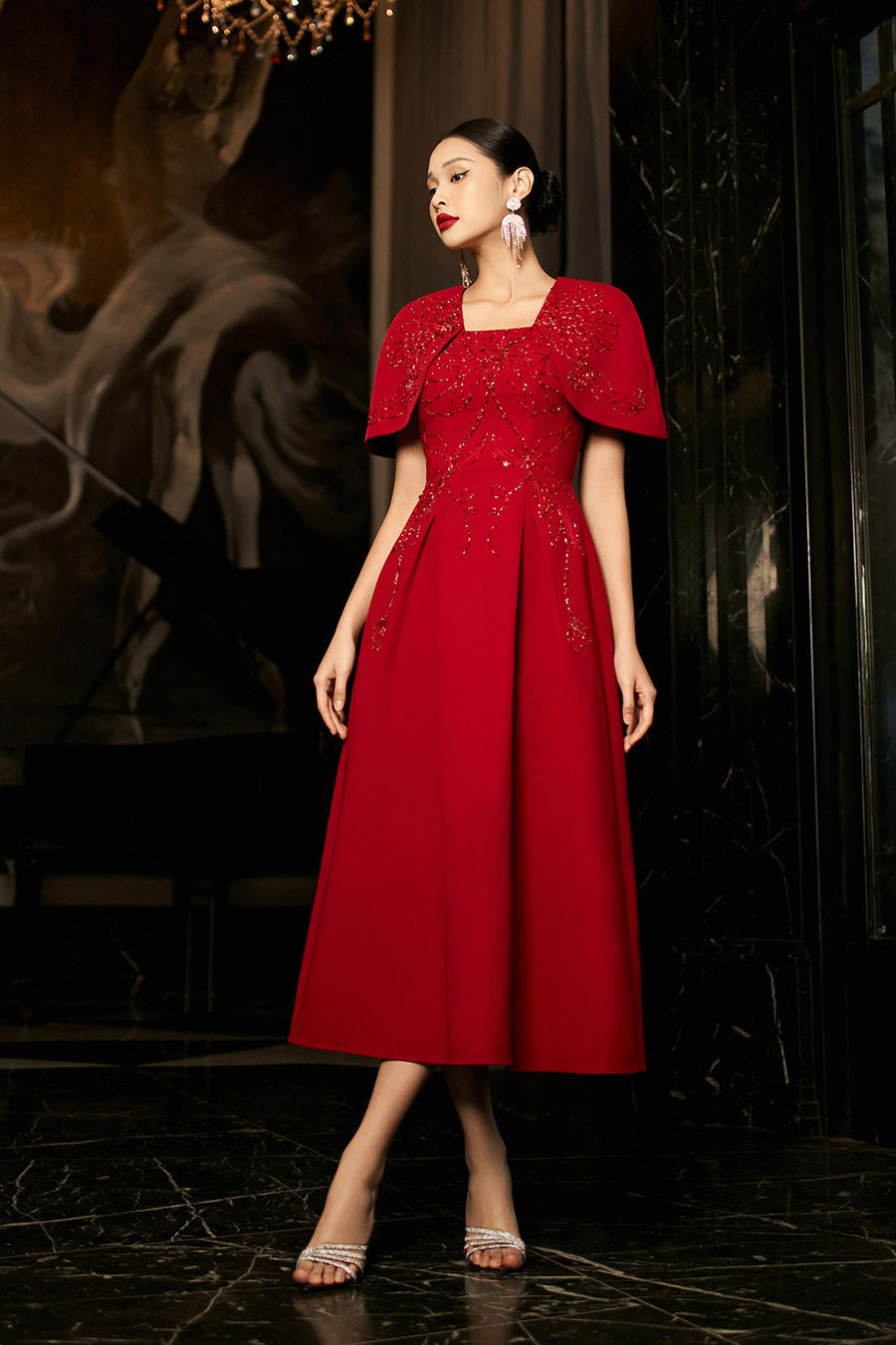 Ruby Gored Cape Sleeved Linen Blend Midi Dress Midi Dress IVY moda
