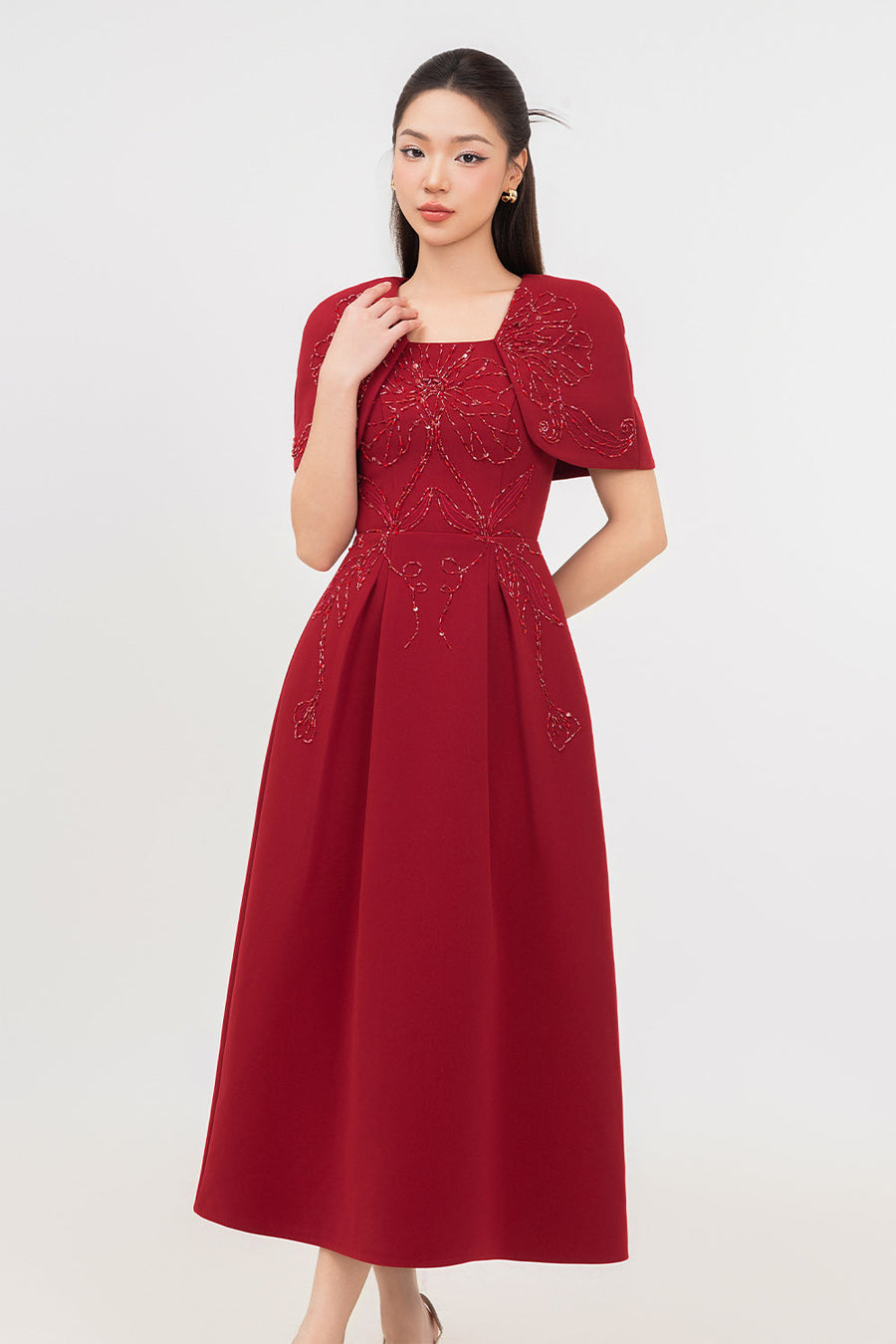 Ruby Gored Cape Sleeved Linen Blend Midi Dress Midi Dress IVY moda