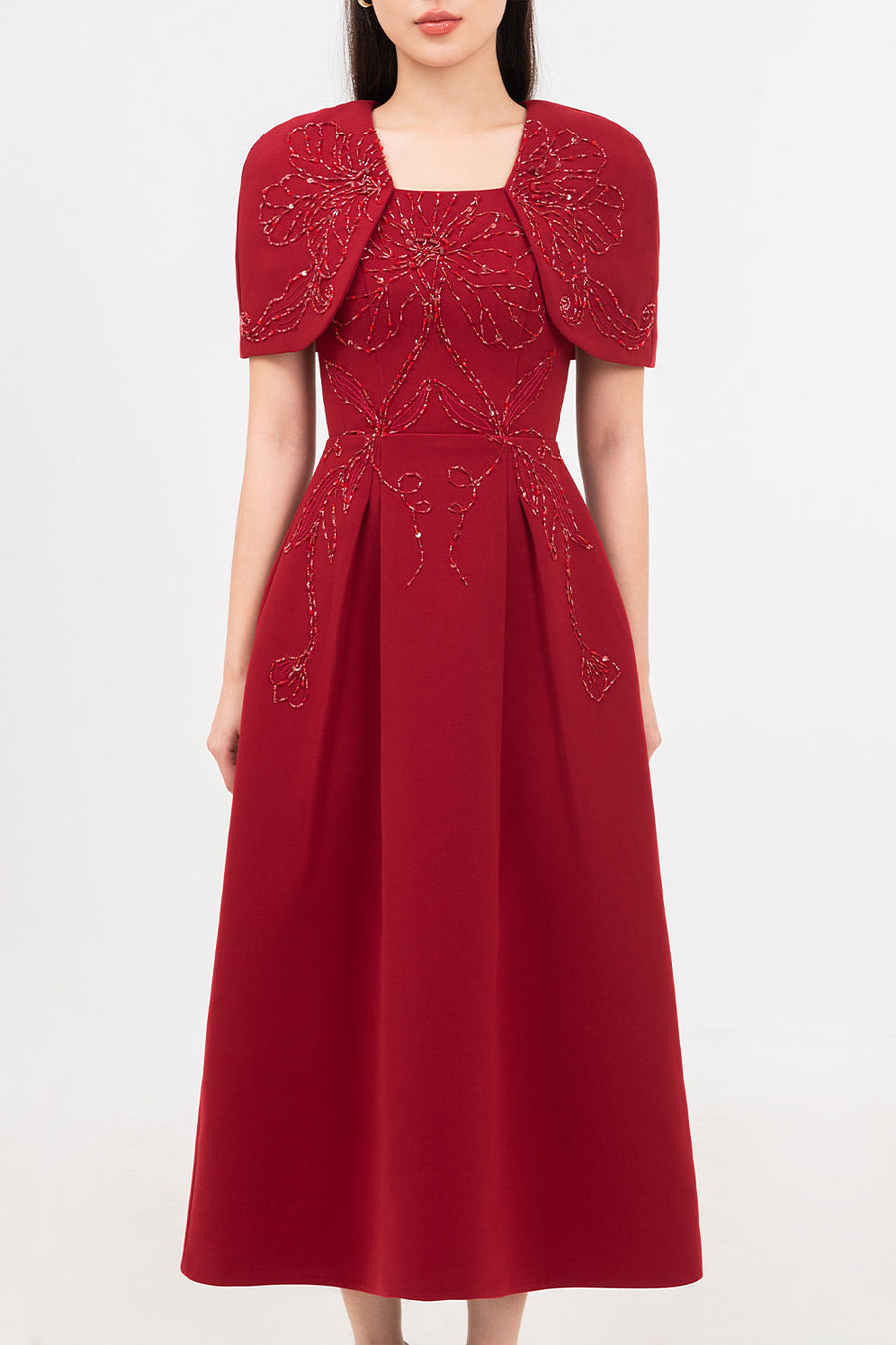 Ruby Gored Cape Sleeved Linen Blend Midi Dress Midi Dress IVY moda