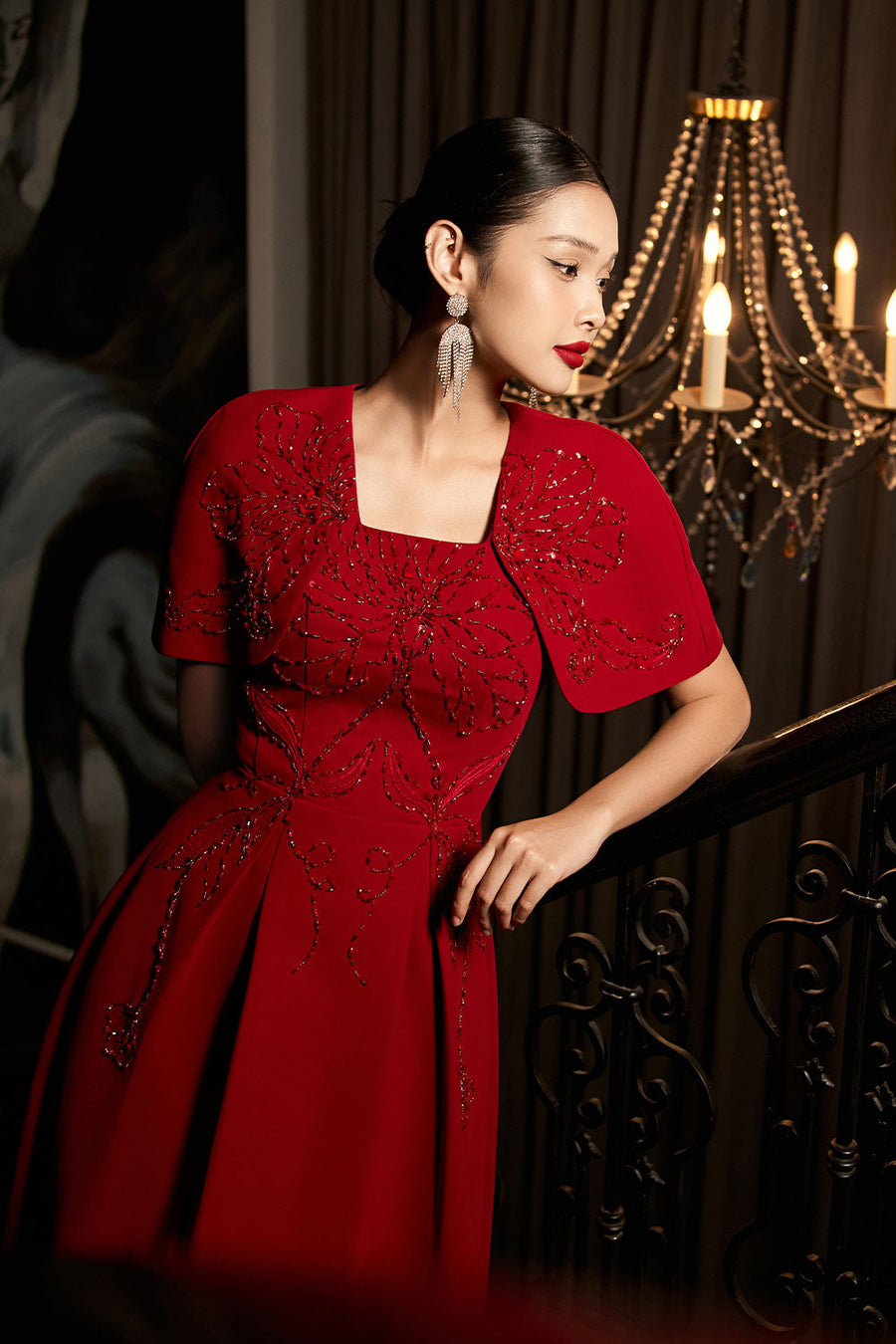 Ruby Gored Cape Sleeved Linen Blend Midi Dress Midi Dress IVY moda