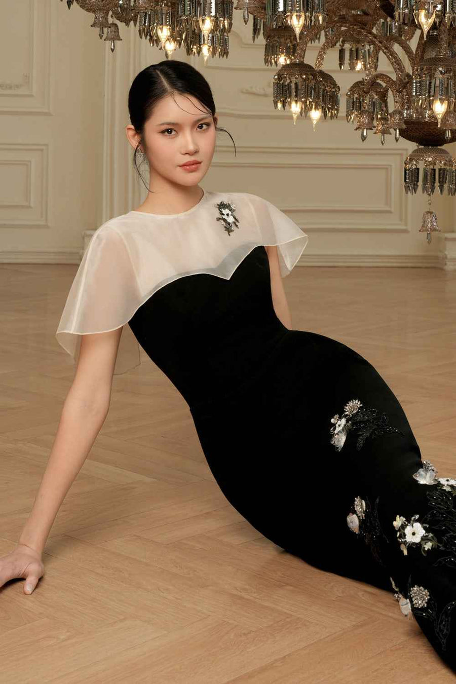 Eclipse Mermaid Cape Shoulder Velvet Midi Dress