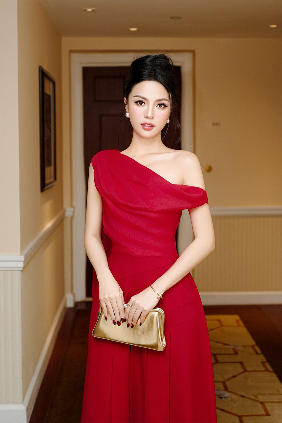Hazel Pleated Asymmetric Sleeved Organza Voile Midi Dress Midi Dress Larmes