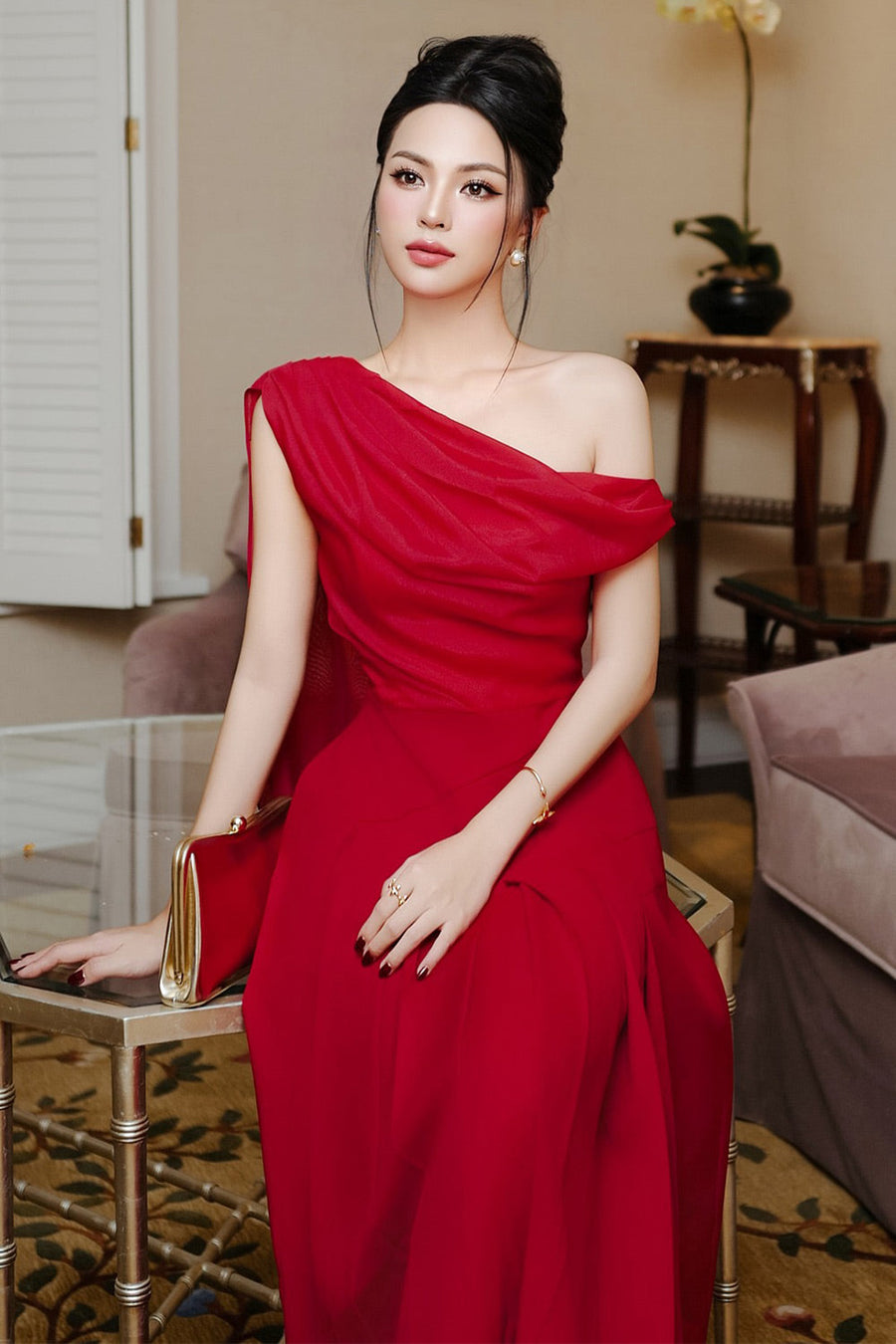 Hazel Pleated Asymmetric Sleeved Organza Voile Midi Dress Midi Dress Larmes
