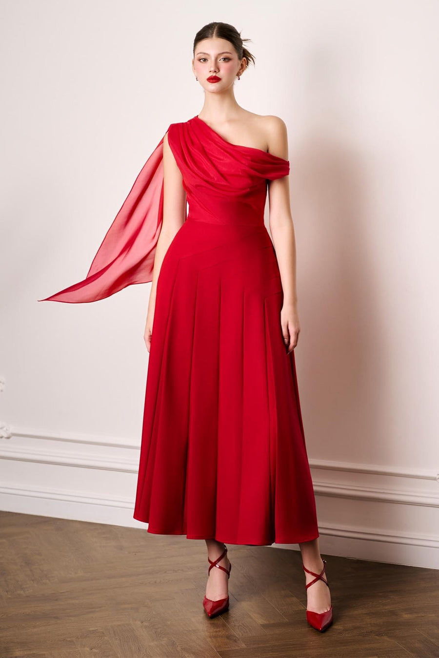 Hazel Pleated Asymmetric Sleeved Organza Voile Midi Dress Midi Dress Larmes