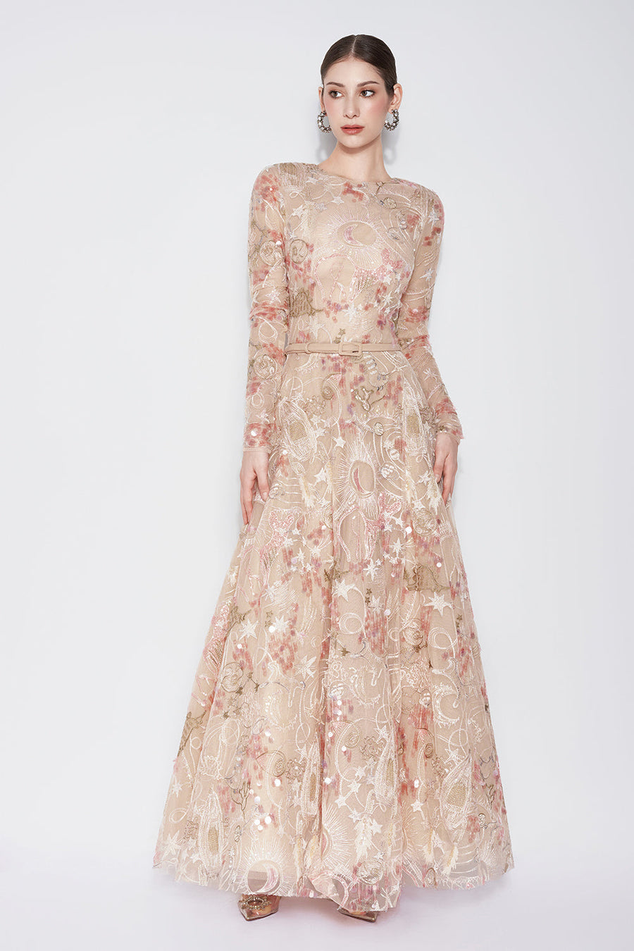 Tidal Whisper A-line Jewel Neck Embroidered Lace Maxi Dress Customize Pink Gown Dress CHYMEOCHY