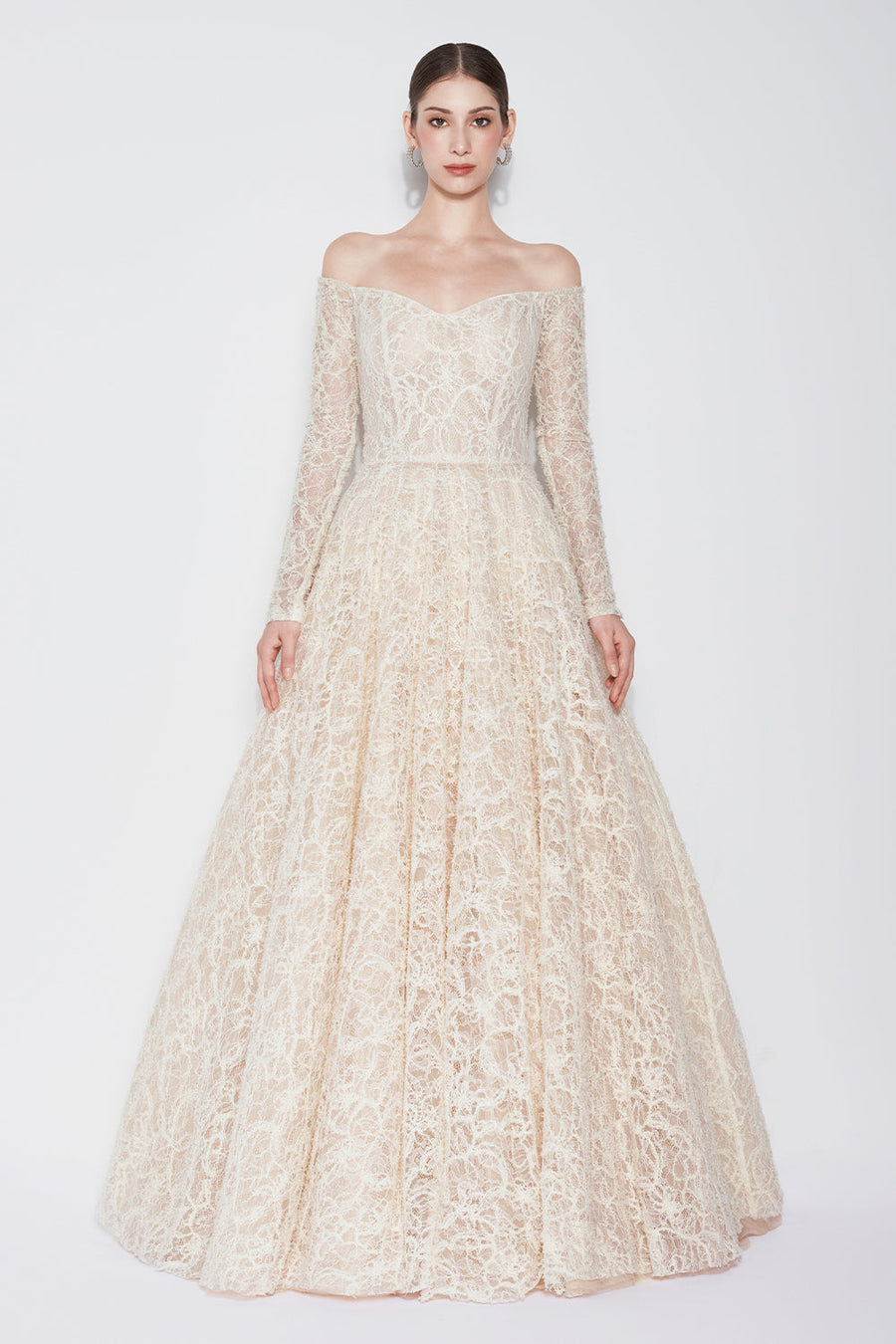 Ethereal Blossom Ball Gown Long Sleeved Lace Floor Length Dress Beige Mixed Lace Gown Dress CHYMEOCHY