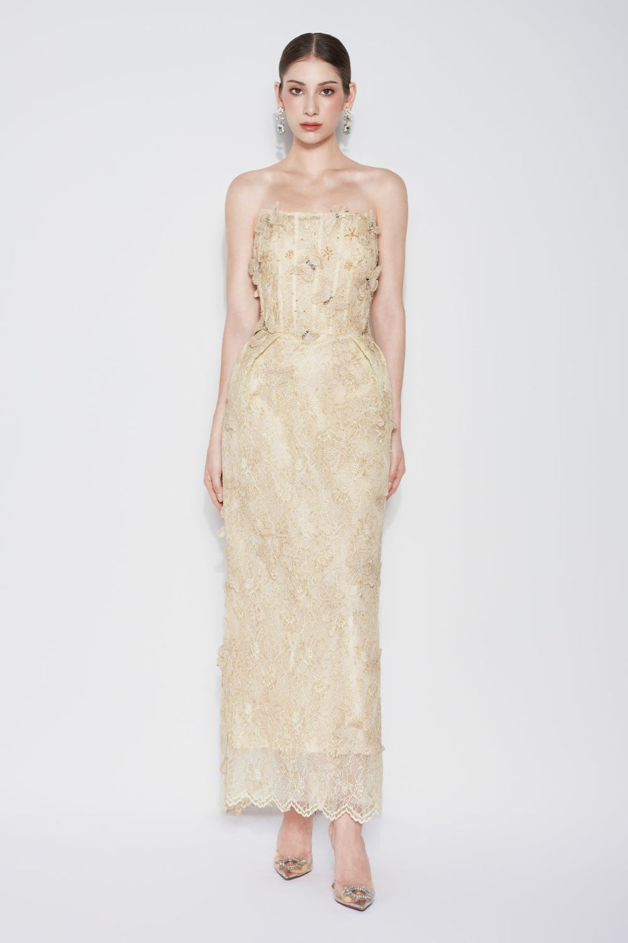 Butterfly Reverie Strapless Embroidered Lace Maxi Dress Maxi Dress CHYMEOCHY