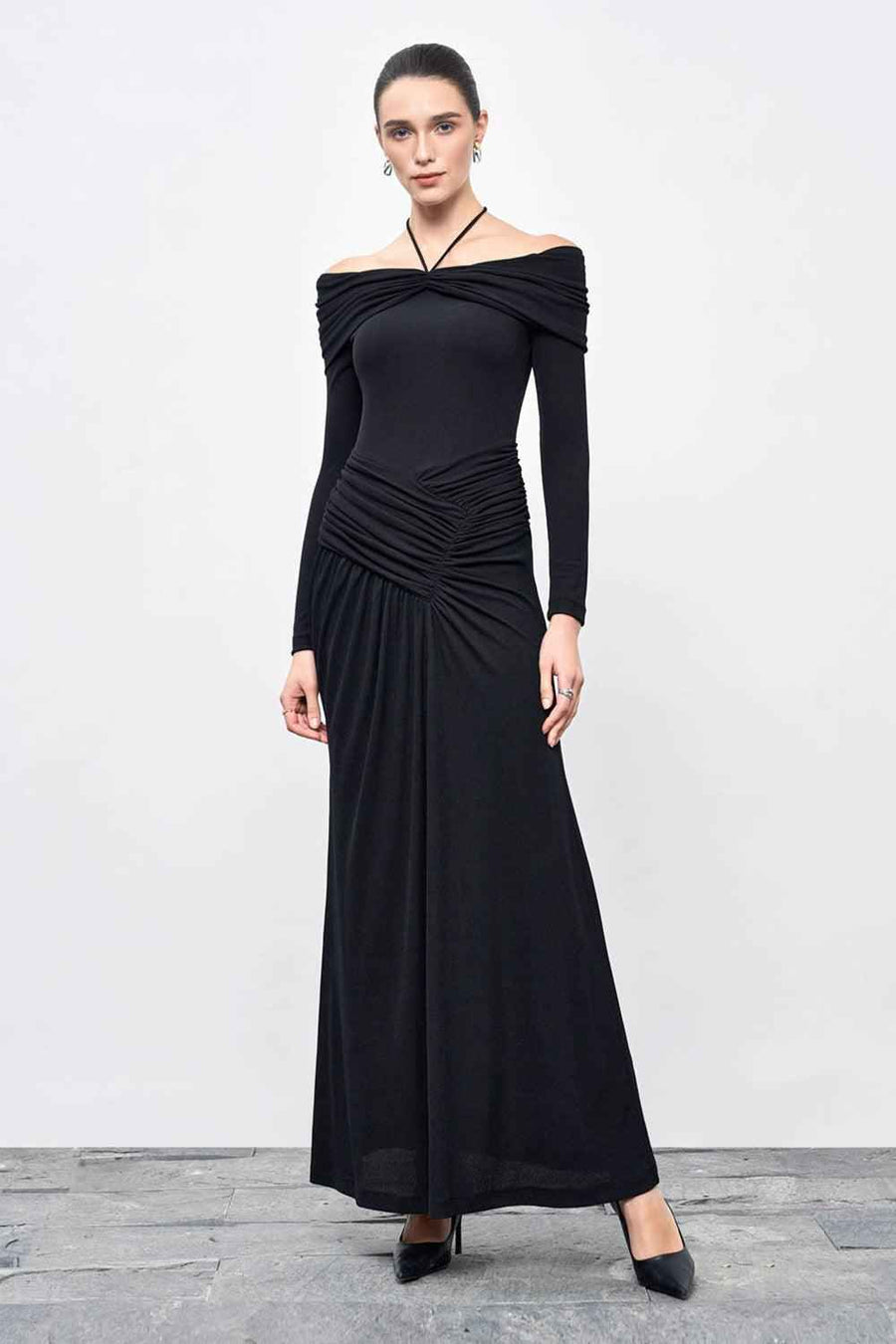 Minerva A-line Gathered Rib Knit Ankle Length Dress Maxi Dress Eegen Studio