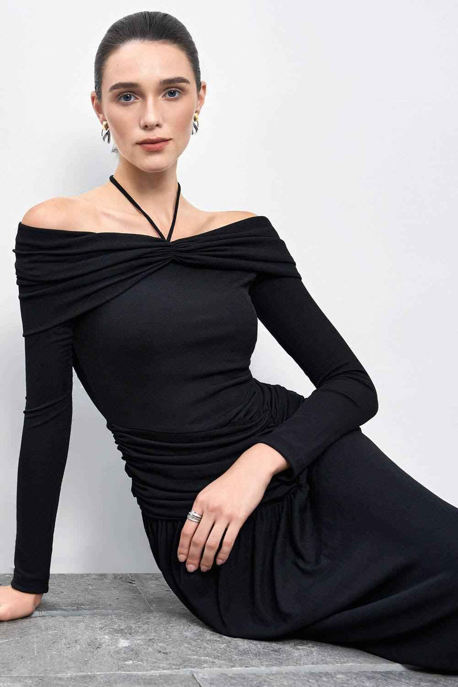 Minerva A-line Gathered Rib Knit Ankle Length Dress Maxi Dress Eegen Studio