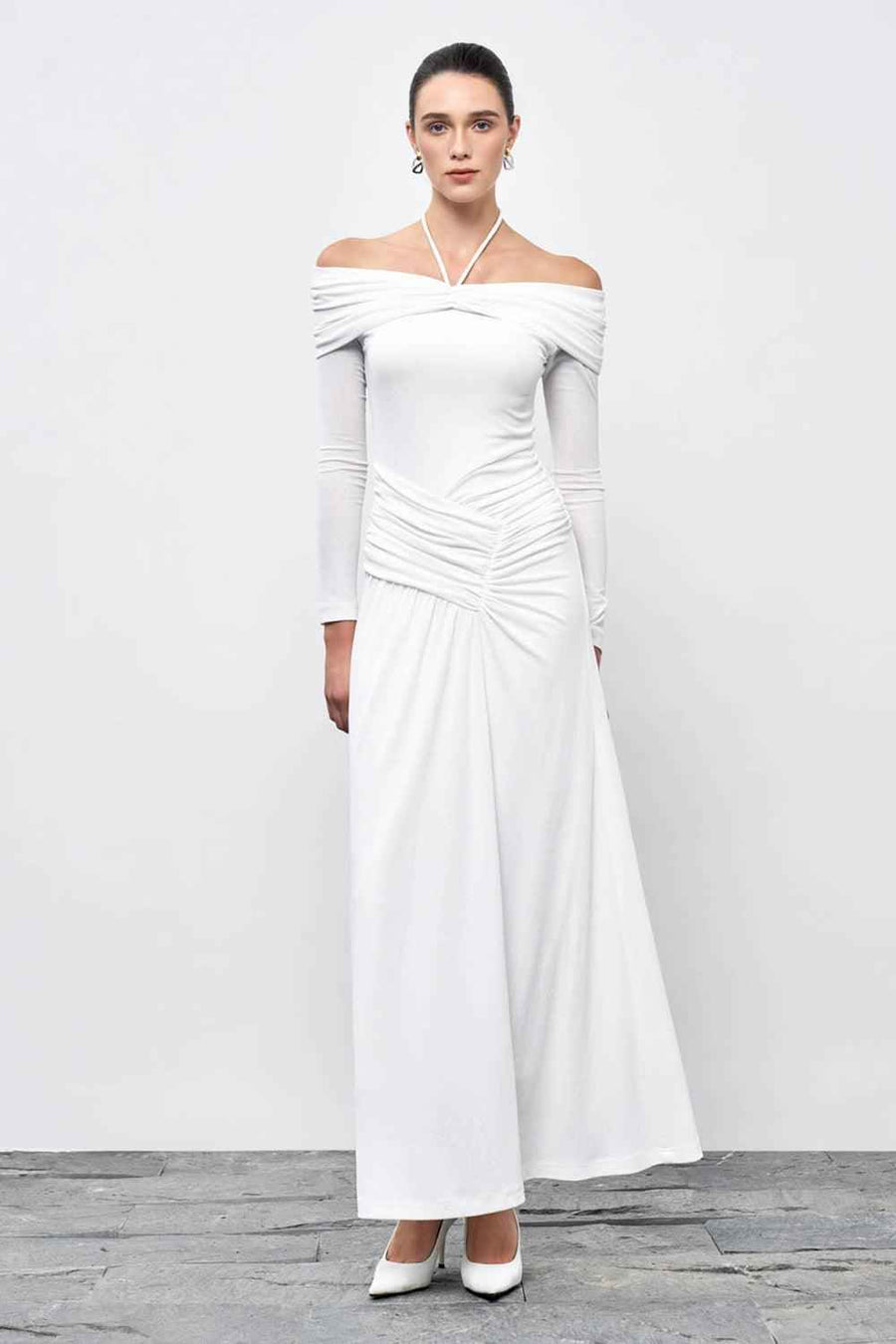 Minerva A-line Gathered Rib Knit Ankle Length Dress Maxi Dress Eegen Studio