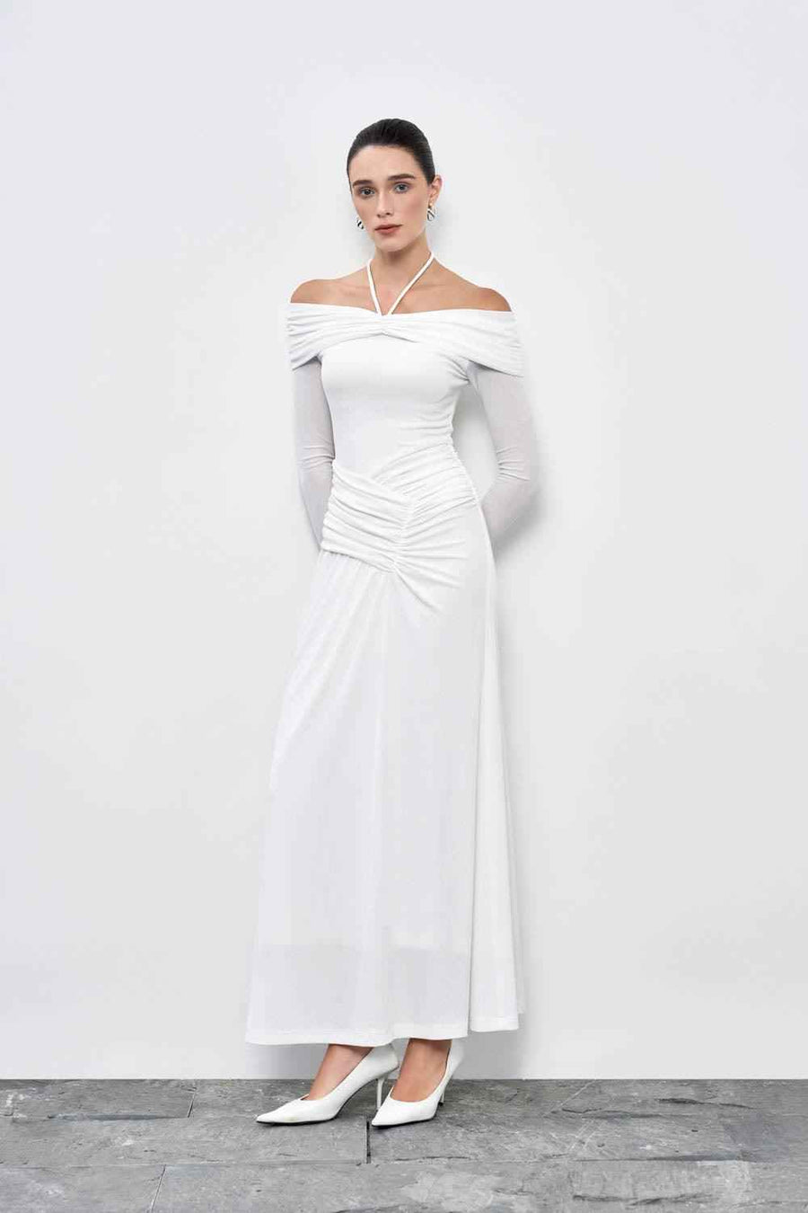 Minerva A-line Gathered Rib Knit Ankle Length Dress Maxi Dress Eegen Studio