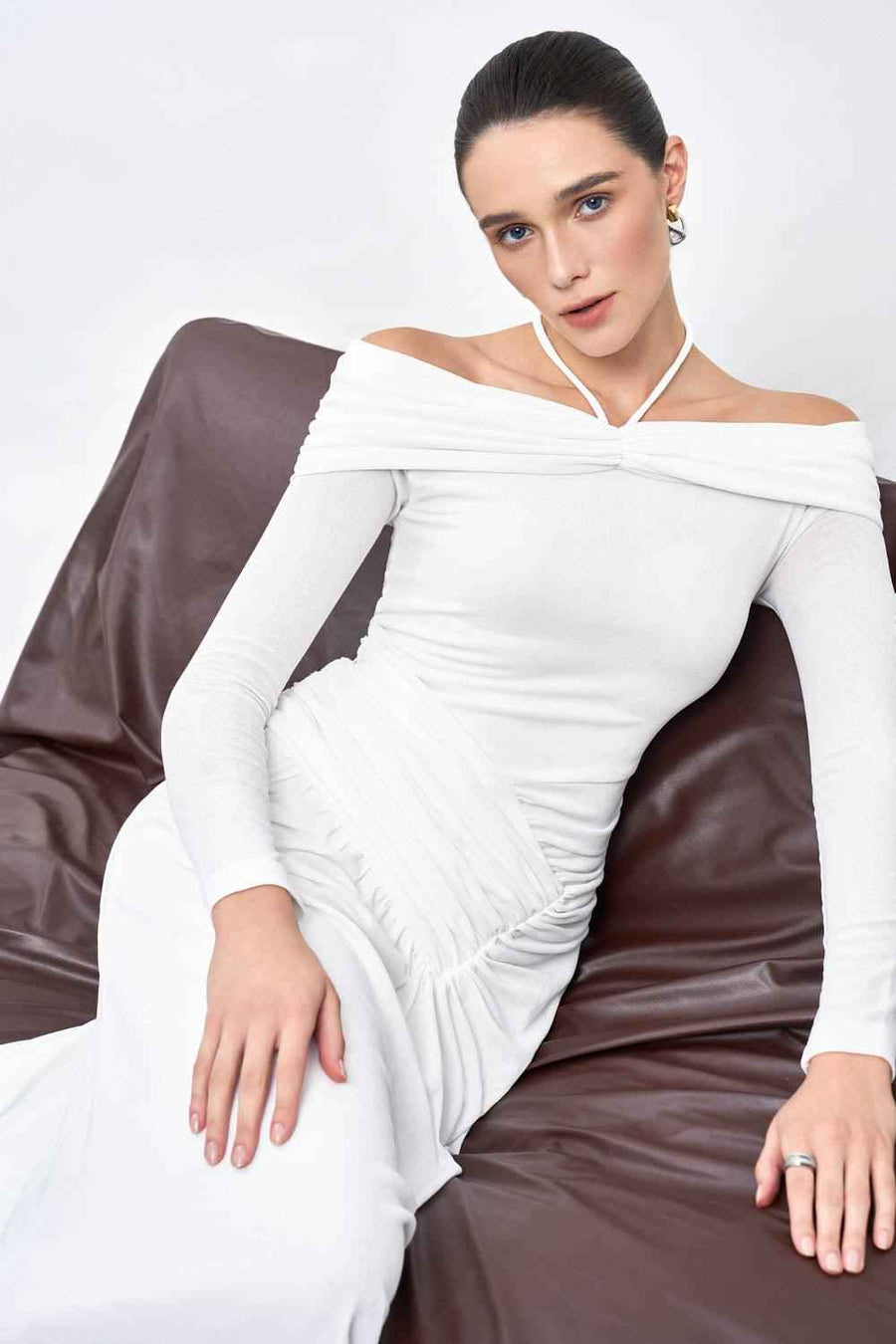 Minerva A-line Gathered Rib Knit Ankle Length Dress Maxi Dress Eegen Studio