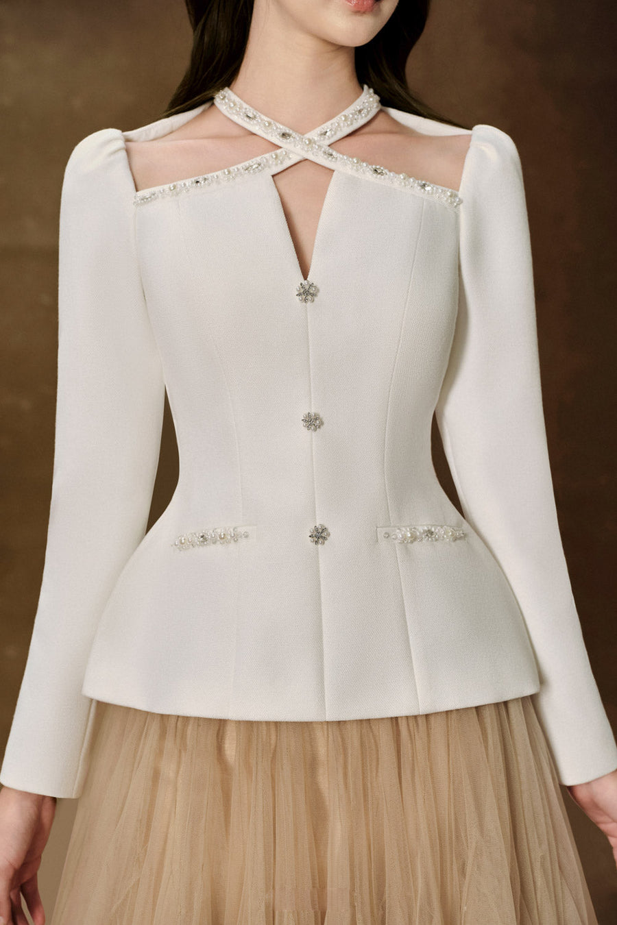Mirabel Peplum Stone Melani Top White Long Sleeved Top Delicate
