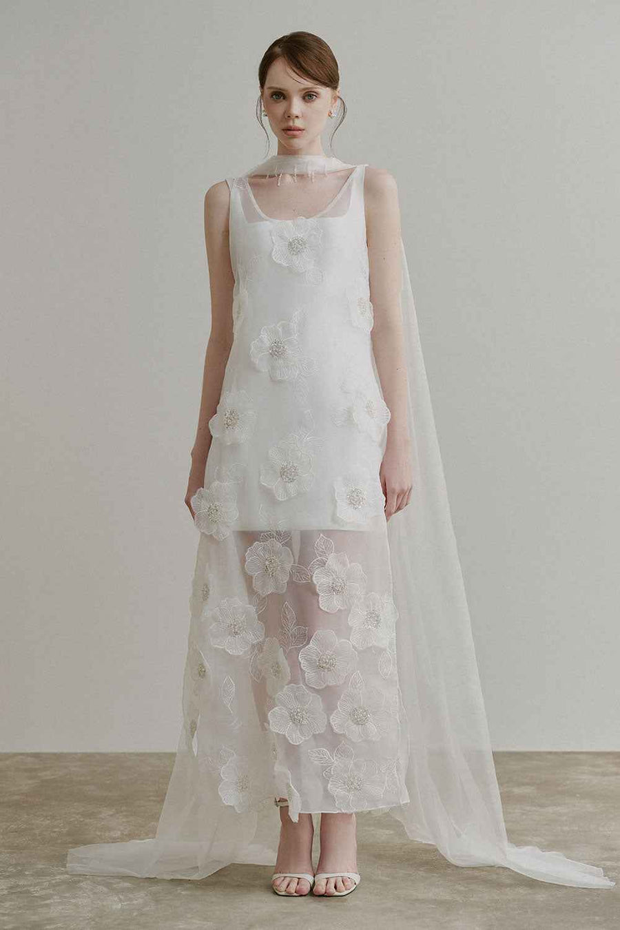 Phoebe A-line Flower Applique Organza Ankle Length Dress Maxi Dress Lecia Bridal