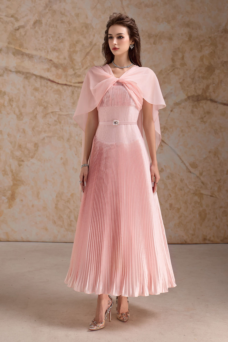 Rosaline Pleated Cape Sleeved Poly Organza Ankle Length Dress Maxi Dress Calista de Minh Thanh