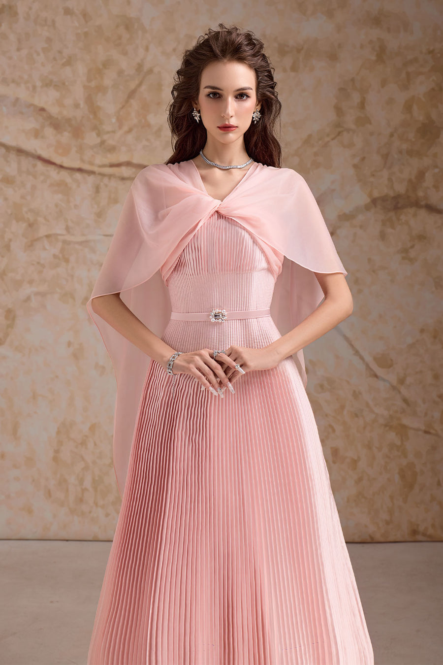 Rosaline Pleated Cape Sleeved Poly Organza Ankle Length Dress Maxi Dress Calista de Minh Thanh