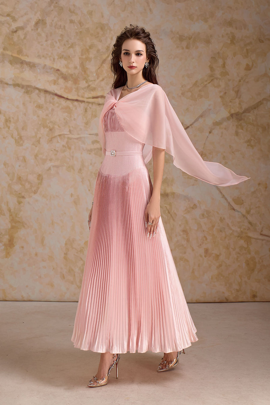 Rosaline Pleated Cape Sleeved Poly Organza Ankle Length Dress Maxi Dress Calista de Minh Thanh