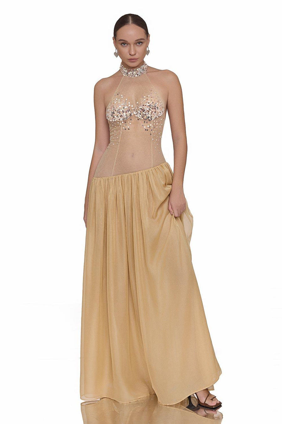 Lana Gathered See-Through Chiffon Floor Length Dress