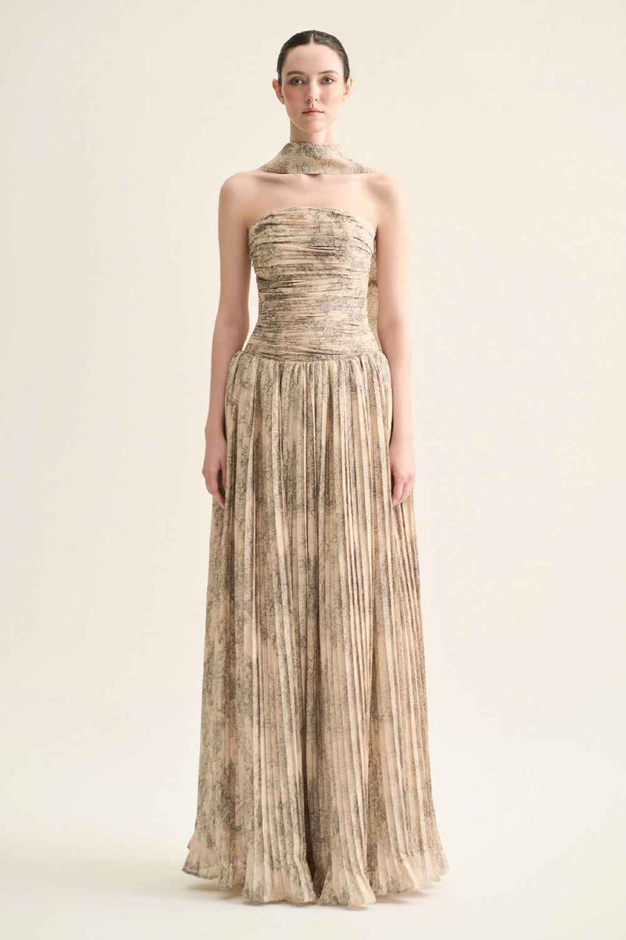 Cascade Gathered Open Shoulder Polyester Floor Length Dress