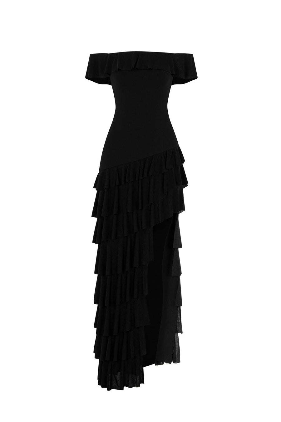 Queen Asymmetric Ruffle Layer Cotton Spandex Maxi Dress 1
