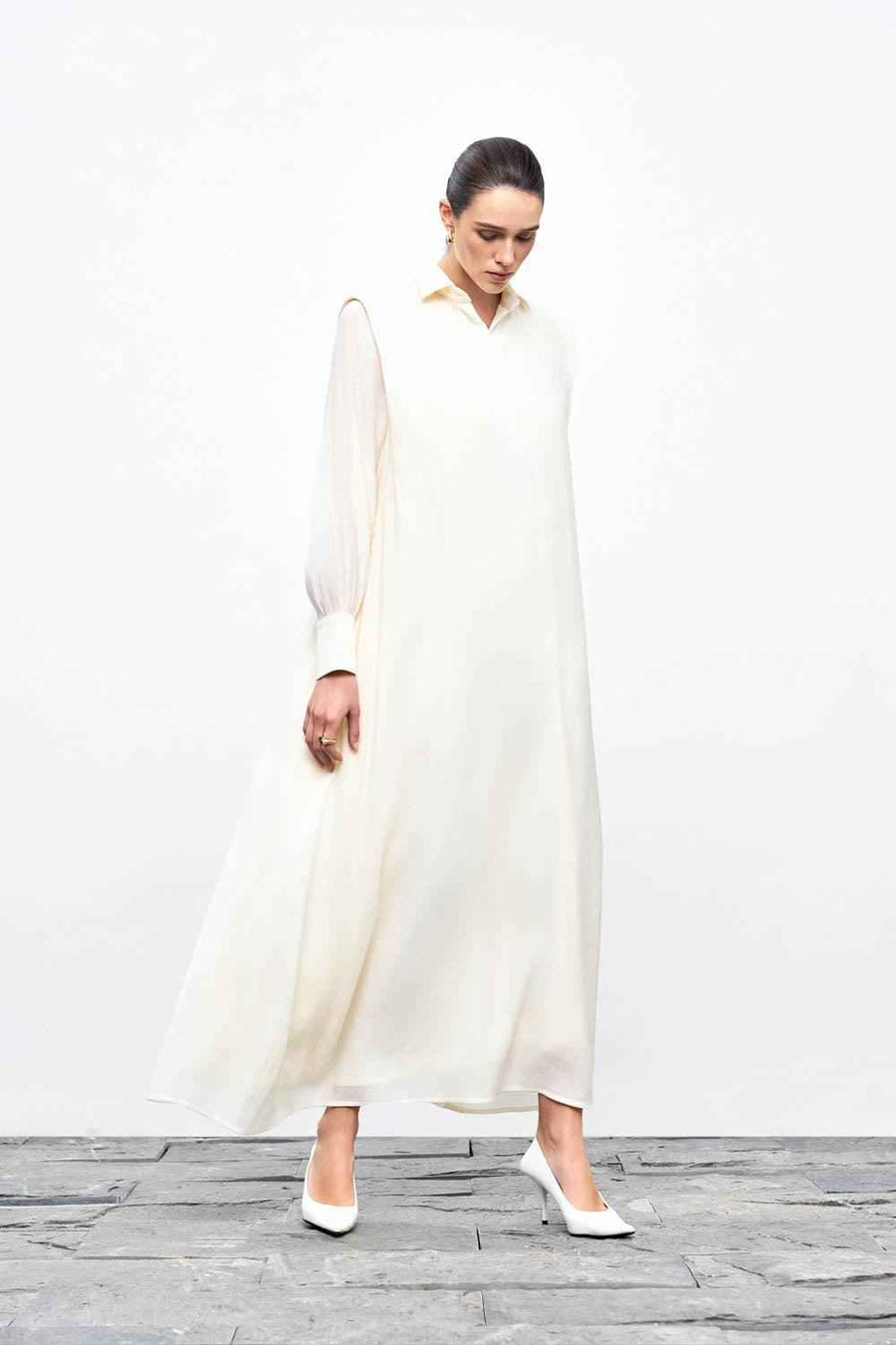 Ophelia Peplum Cuff Sleeved Crinkle Chiffon Ankle Length Dress Maxi Dress Eegen Studio