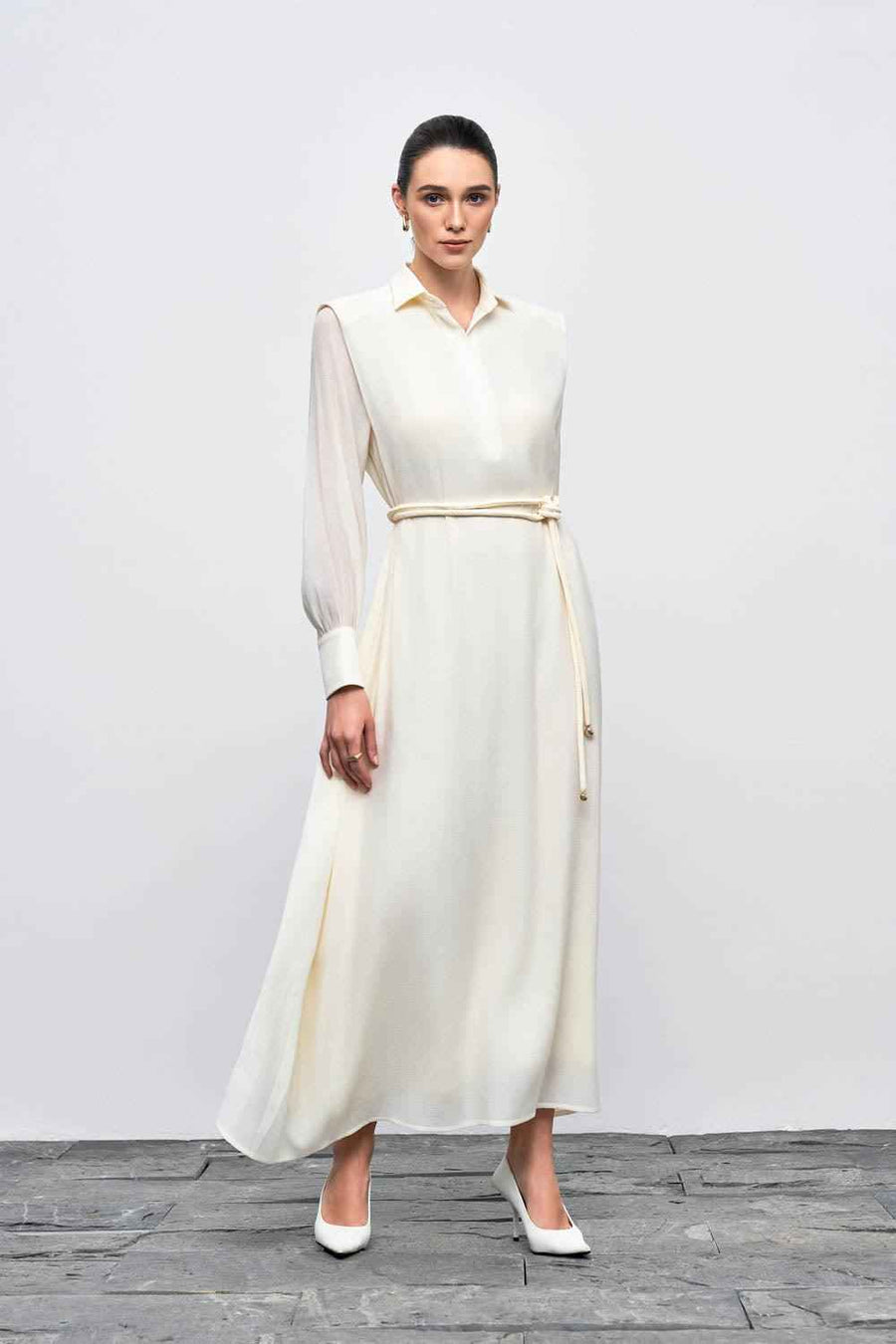 Ophelia Peplum Cuff Sleeved Crinkle Chiffon Ankle Length Dress Cream Maxi Dress Eegen Studio