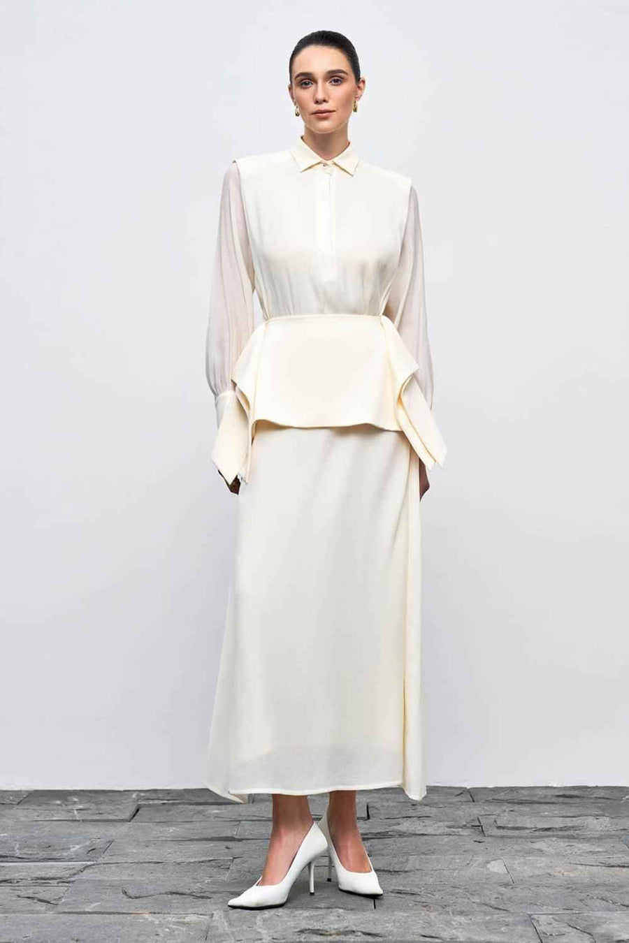 Ophelia Peplum Cuff Sleeved Crinkle Chiffon Ankle Length Dress Maxi Dress Eegen Studio