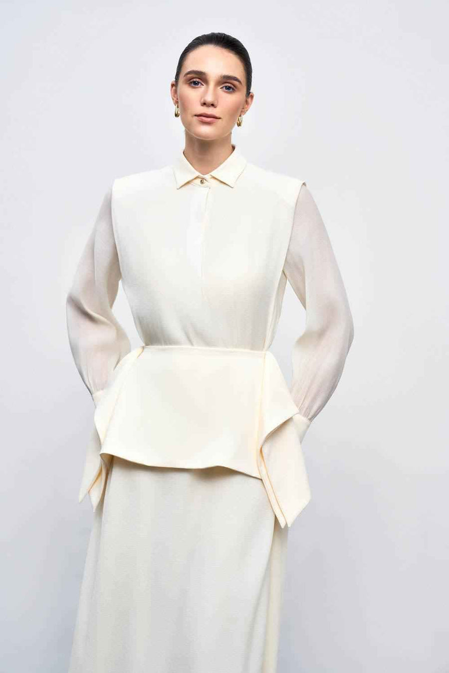 Ophelia Peplum Cuff Sleeved Crinkle Chiffon Ankle Length Dress Maxi Dress Eegen Studio