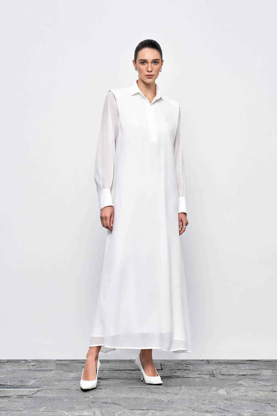 Ophelia Peplum Cuff Sleeved Crinkle Chiffon Ankle Length Dress Maxi Dress Eegen Studio