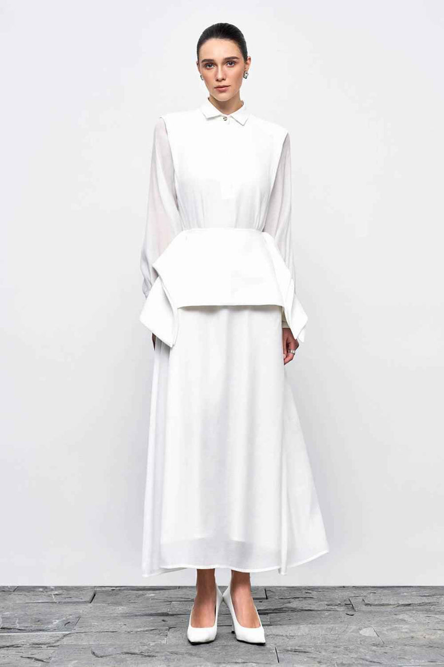 Ophelia Peplum Cuff Sleeved Crinkle Chiffon Ankle Length Dress Maxi Dress Eegen Studio