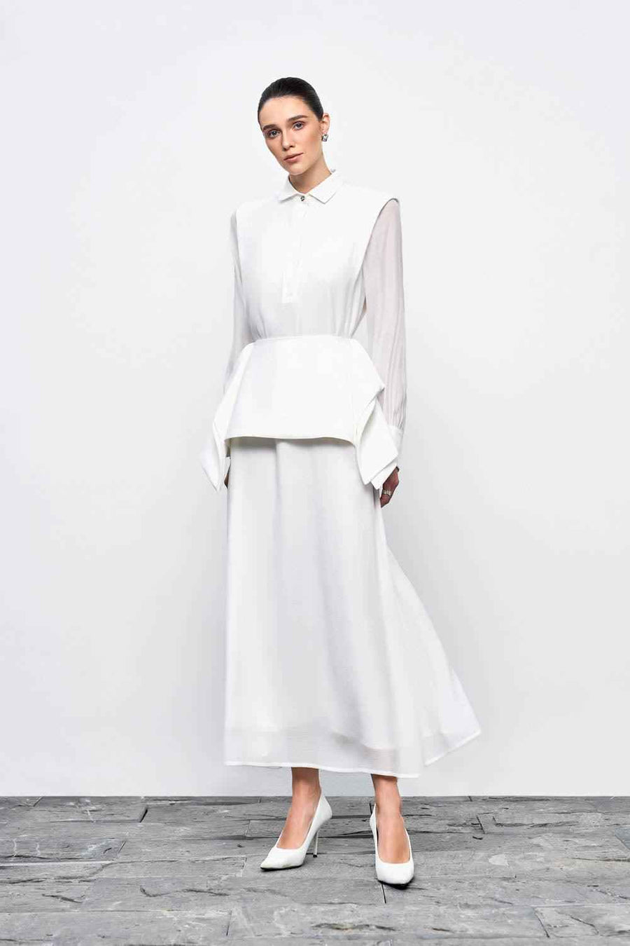 Ophelia Peplum Cuff Sleeved Crinkle Chiffon Ankle Length Dress Maxi Dress Eegen Studio