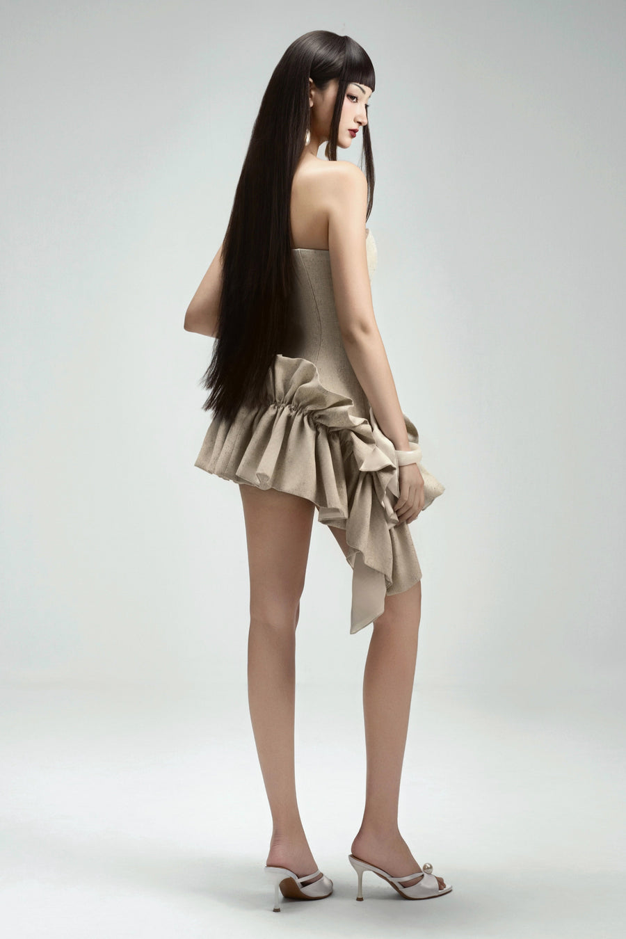 Seaweed Asymmetric Straight Across Neck Twill Mini Dress 11