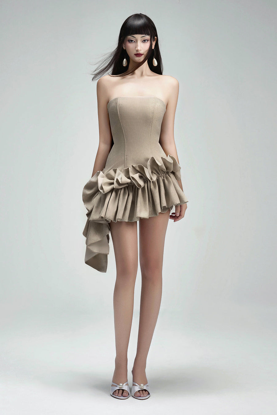 Seaweed Asymmetric Straight Across Neck Twill Mini Dress 9