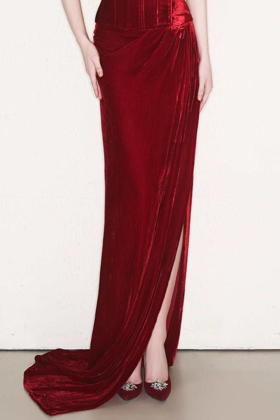 Raphael Slit Draped Velvet Floor Length Skirt Skirt CEM