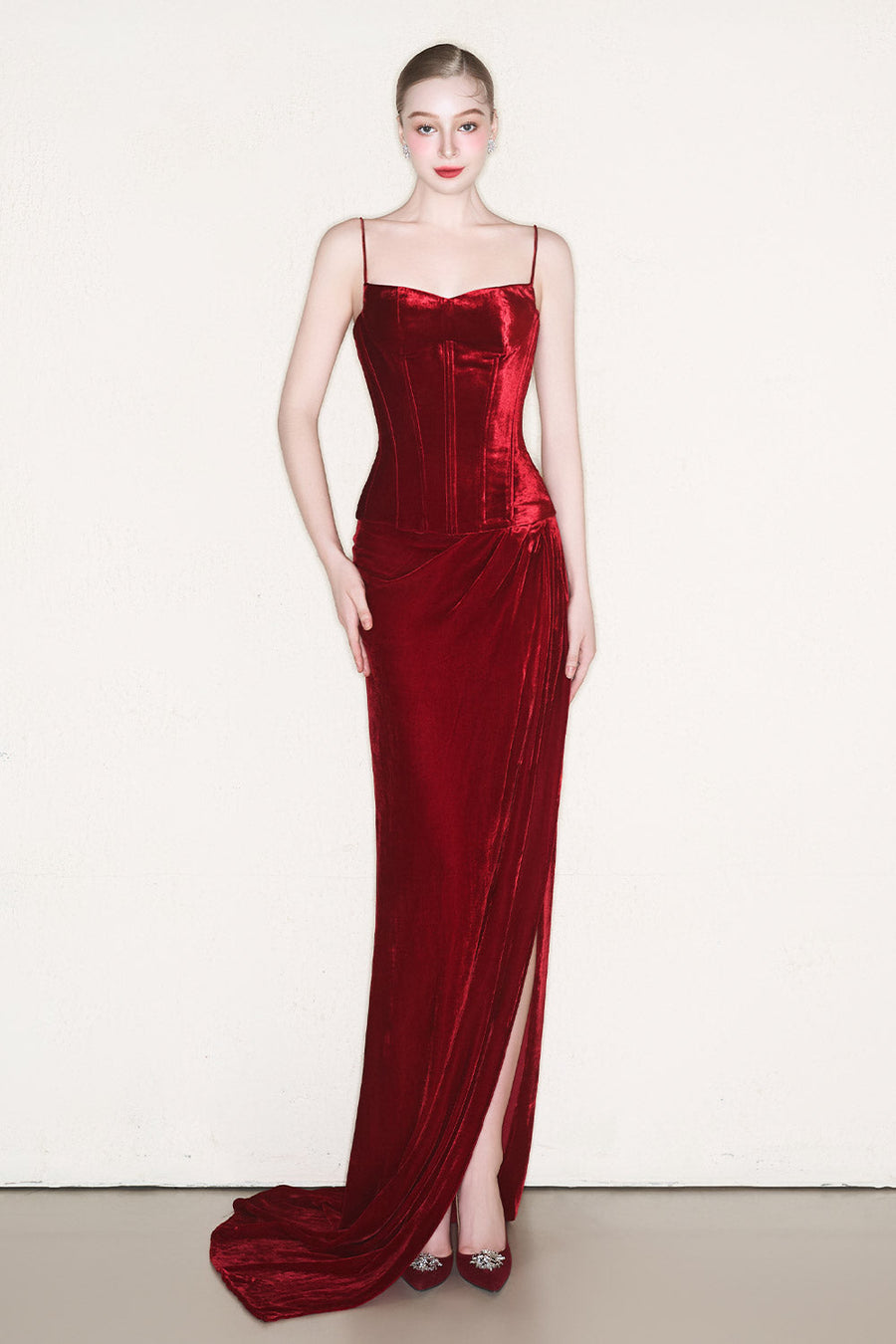 Raphael Slit Draped Velvet Floor Length Skirt Skirt CEM