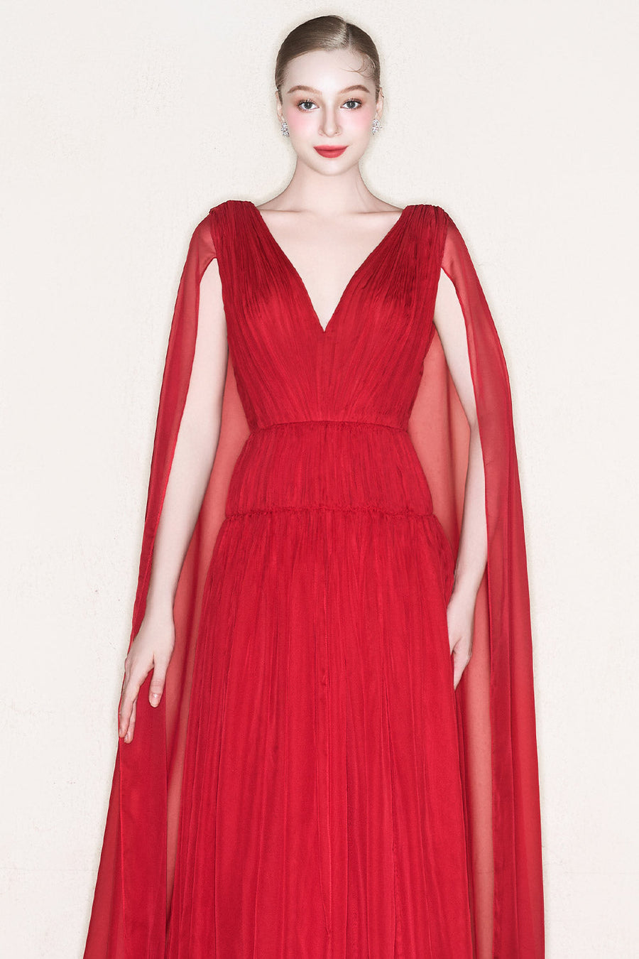 Juliana Gathered Cape Sleeved Chiffon Floor Length Dress Gown Dress CEM