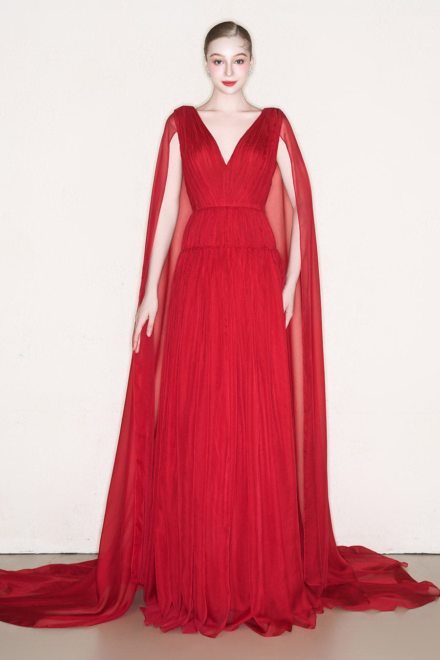 Juliana Gathered Cape Sleeved Chiffon Floor Length Dress Gown Dress CEM