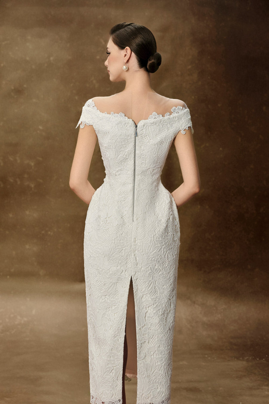 Adelia Pegged Back Slit Lace Midi Dress Midi Dress Delicate