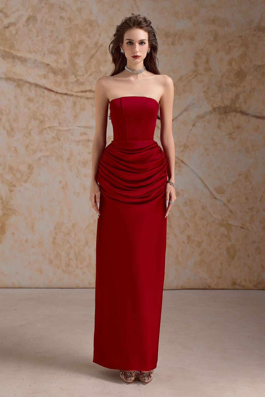 Evania Sheath Straight Across Neck Satin Floor Length Dress Gown Dress Calista de Minh Thanh