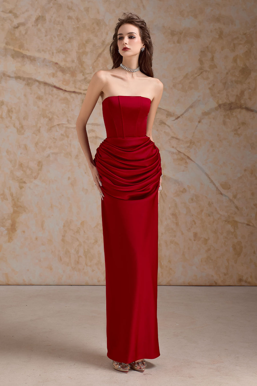 Evania Sheath Straight Across Neck Satin Floor Length Dress Gown Dress Calista de Minh Thanh